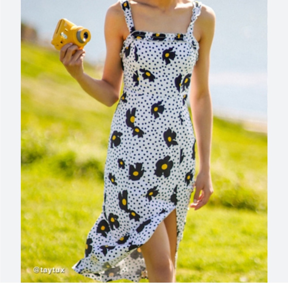 UO Remy Linen Ruffle Square Neck Midi Dress